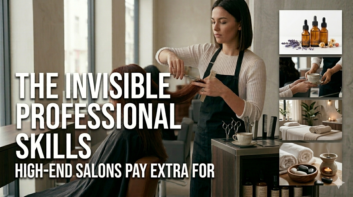 stylist in a clean, modern salon setting engaging in a professional consultation with a client.